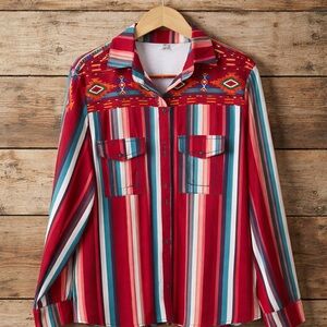 Miss look 4XL Serape Stripe Print Button Down Cotton Polyester Blouse